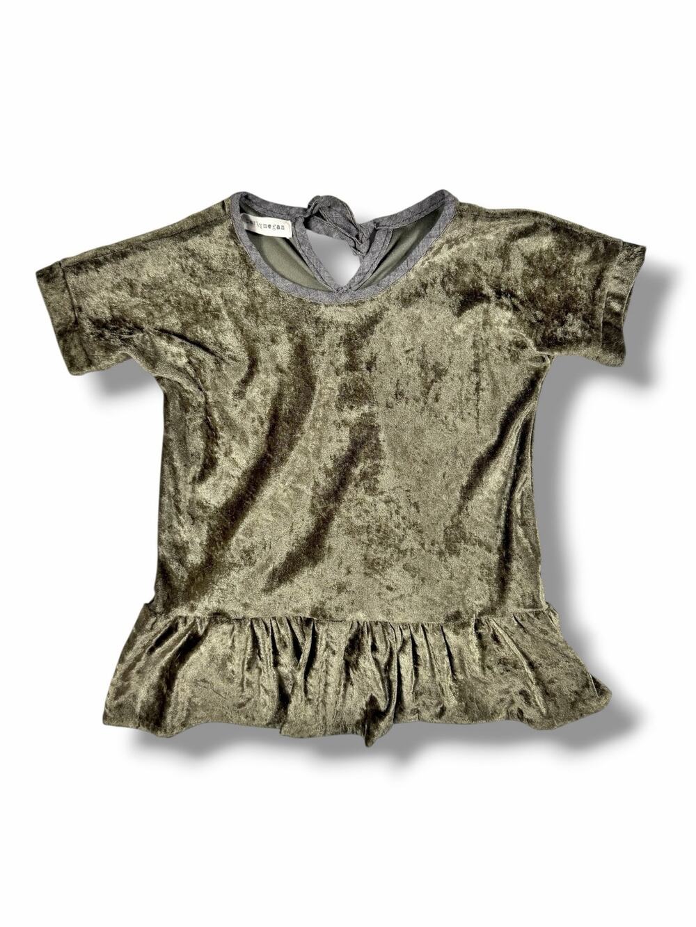 Carly Megan Figge Olive Crushed Velvet Peplum Top Bow Back Size 3 Holiday